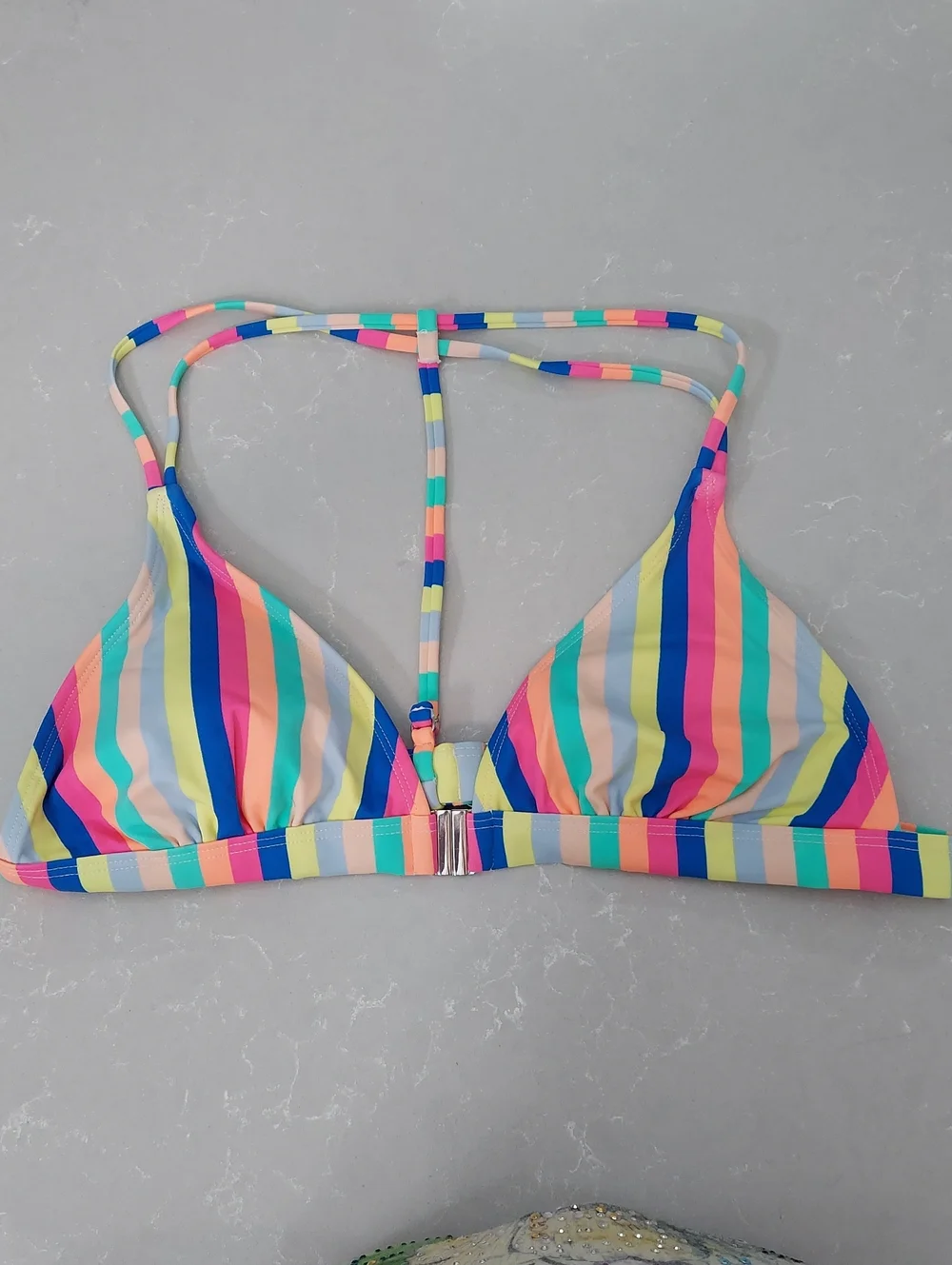 Xhileration Bikini Top, Size XL, Striped Colorful, Front Close, T-Back